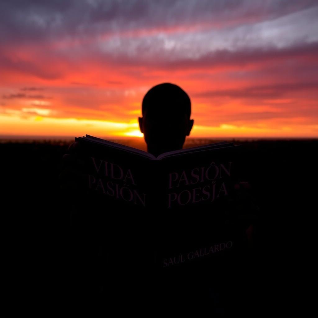 A silhouette of a person standing against a stunning sunset, holding an open book