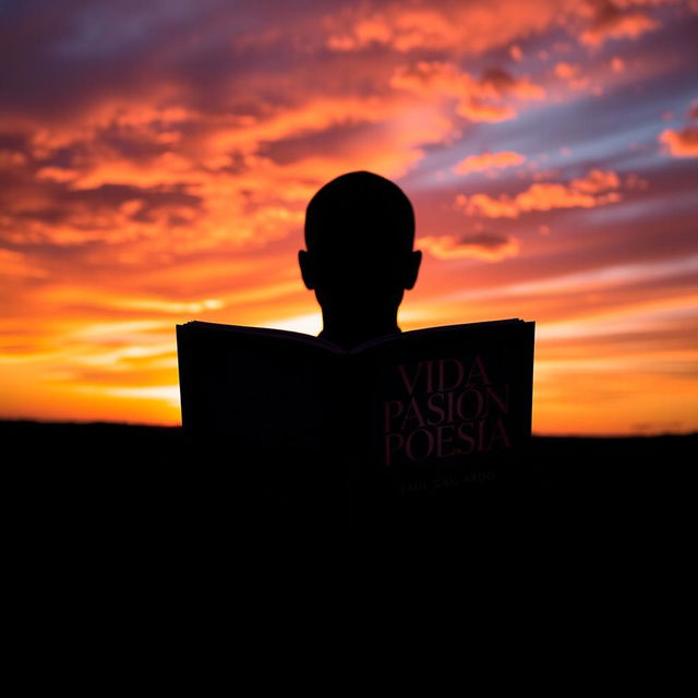 A silhouette of a person standing against a stunning sunset, holding an open book