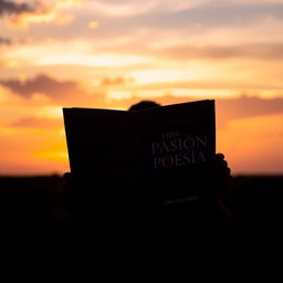 A silhouette of a person standing against a stunning sunset, holding an open book