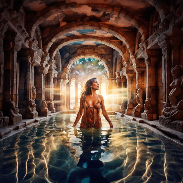 A goddess-like woman emerges from water resembling melted opal gems in an intricately carved Roman bathhouse under sunrise lighting. Captured with a Panasonic Lumix S1R and Lumix S PRO 16-35mm f/4 Lens.