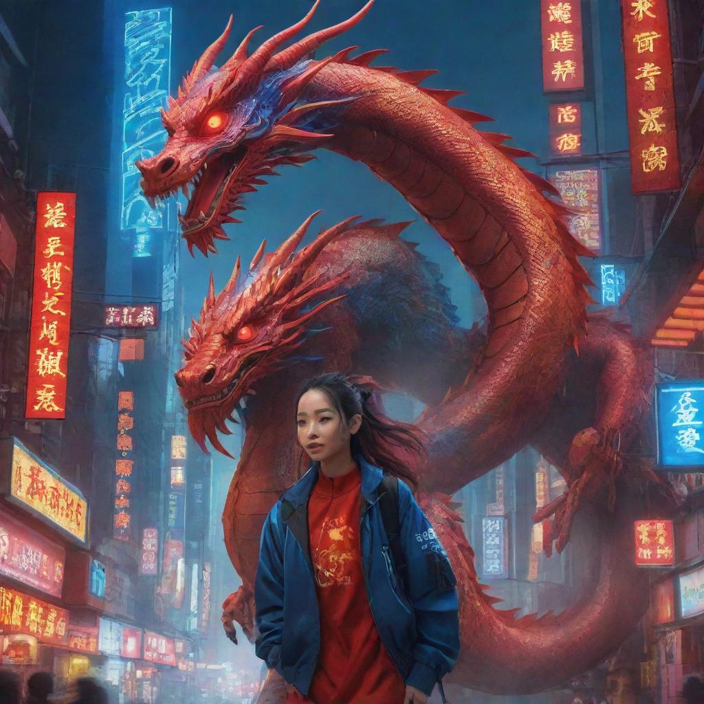 Create a Chinese New Year poster featuring a dynamic Chinese dragon in a cyberpunk Chinese city, accompanied by a robotic girl. The elements of solar panels, and the glowing neon designs on the subjects' bodies, are highlighted in a striking mix of red and blue.