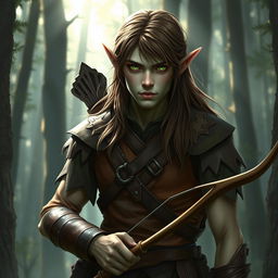 A gloomy tall forest elf, male, with a slender build, long brown hair, slightly greenish skin, and piercing green eyes