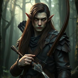 A gloomy tall forest elf, male, with a slender build, long brown hair, slightly greenish skin, and piercing green eyes