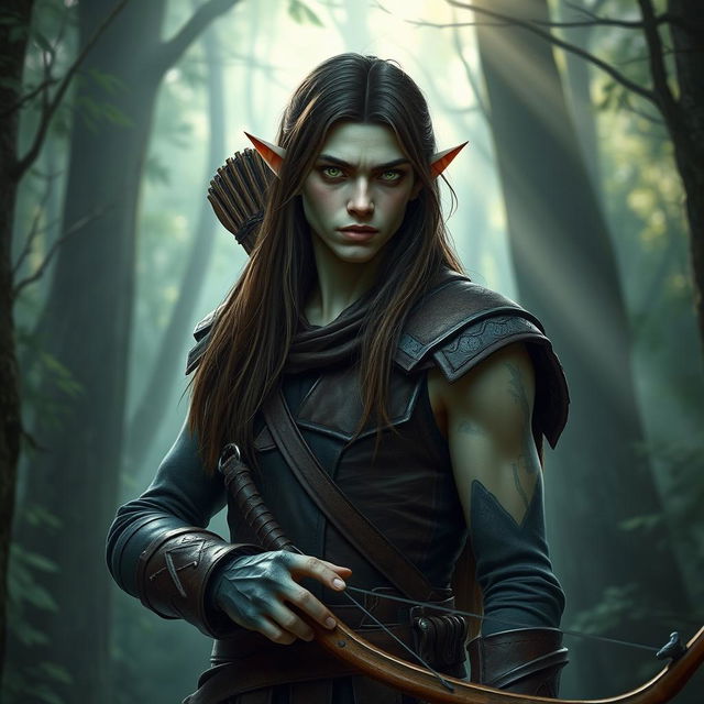 A gloomy tall forest elf, male, with a slender build, long brown hair, slightly greenish skin, and piercing green eyes