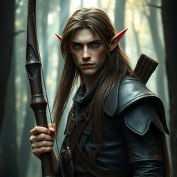 A gloomy tall forest elf, male, with a slender build, long brown hair, slightly greenish skin, and piercing green eyes
