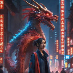 Create a Chinese New Year poster featuring a dynamic Chinese dragon in a cyberpunk Chinese city, accompanied by a robotic girl. The elements of solar panels, and the glowing neon designs on the subjects' bodies, are highlighted in a striking mix of red and blue.