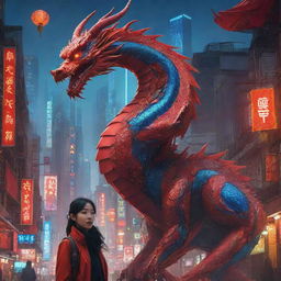 Create a Chinese New Year poster featuring a dynamic Chinese dragon in a cyberpunk Chinese city, accompanied by a robotic girl. The elements of solar panels, and the glowing neon designs on the subjects' bodies, are highlighted in a striking mix of red and blue.