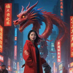 Create a Chinese New Year poster featuring a dynamic Chinese dragon in a cyberpunk Chinese city, accompanied by a robotic girl. The elements of solar panels, and the glowing neon designs on the subjects' bodies, are highlighted in a striking mix of red and blue.