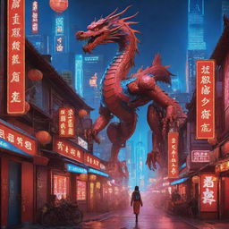 Craft a Chinese New Year poster set in a red and blue cyberpunk Chinese city, with a prominent solar panel theme. Feature a robotic Chinese dragon and a robotic girl, both adorned with neon designs, amidst the futuristic landscape.