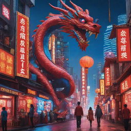 Craft a Chinese New Year poster set in a red and blue cyberpunk Chinese city, with a prominent solar panel theme. Feature a robotic Chinese dragon and a robotic girl, both adorned with neon designs, amidst the futuristic landscape.