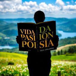 A silhouette of a person standing in a picturesque landscape, holding an open book