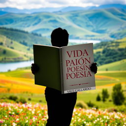 A silhouette of a person standing in a picturesque landscape, holding an open book