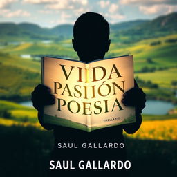 A silhouette of a person standing in a picturesque landscape, holding an open book