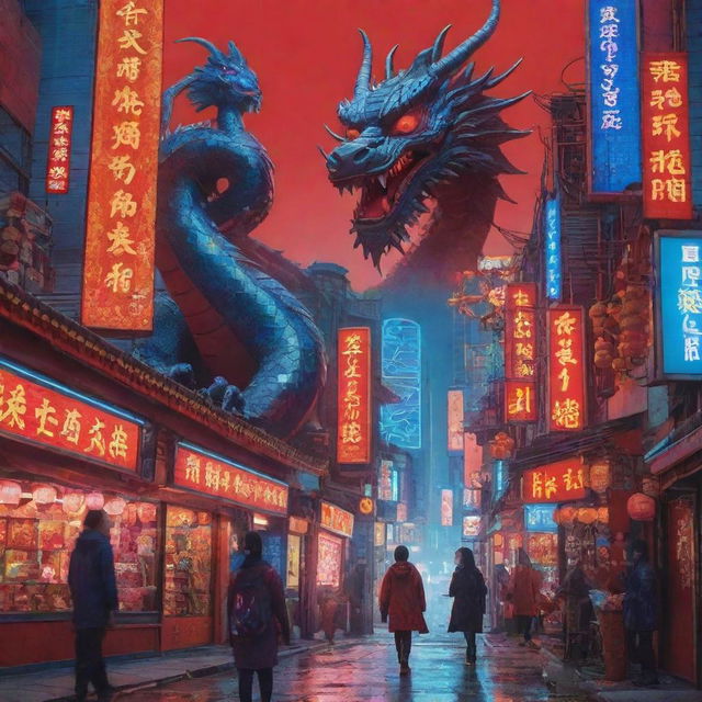 Craft a Chinese New Year poster set in a red and blue cyberpunk Chinese city, with a prominent solar panel theme. Feature a robotic Chinese dragon and a robotic girl, both adorned with neon designs, amidst the futuristic landscape.