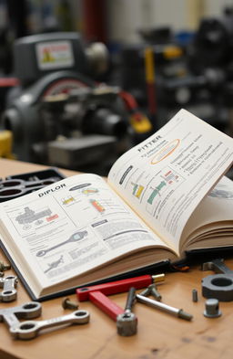 An open diploma book titled 'Fitter ITI Diploma', featuring detailed illustrations and diagrams relevant to fitting techniques and machinery