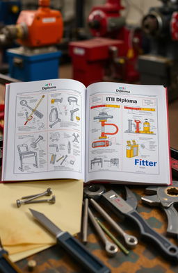 An open diploma book titled 'Fitter ITI Diploma', featuring detailed illustrations and diagrams relevant to fitting techniques and machinery