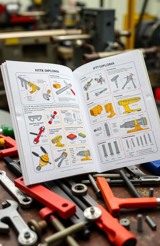 An open diploma book titled 'Fitter ITI Diploma', featuring detailed illustrations and diagrams relevant to fitting techniques and machinery