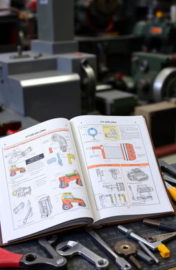 An open diploma book titled 'Fitter ITI Diploma', featuring detailed illustrations and diagrams relevant to fitting techniques and machinery