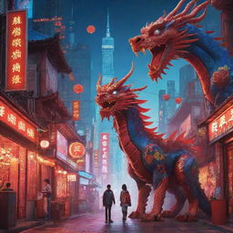 Craft a Chinese New Year poster set in a red and blue cyberpunk Chinese city, with a prominent solar panel theme. Feature a robotic Chinese dragon and a robotic girl, both adorned with neon designs, amidst the futuristic landscape.