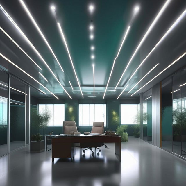 Medium-shot angle of a boss's office interior room, with grey and teal color scheme, white ceiling decorated with lights, a glass office table, and two designer walls. Illuminate the scene with soft, natural light for a cinematic, multiple-exposure visual effect.