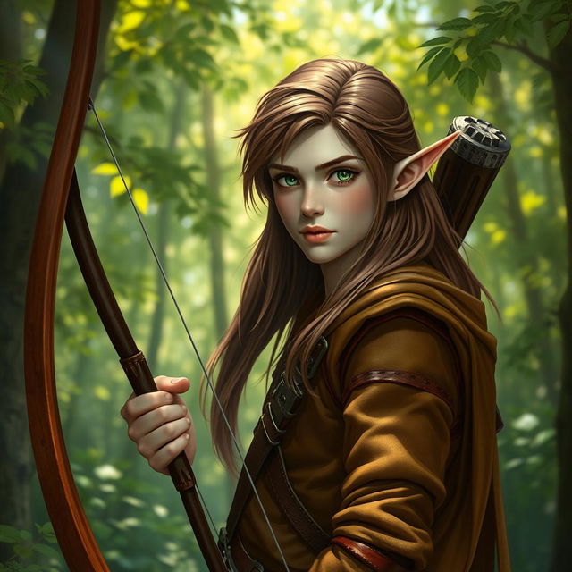 A slender male forest elf with long brown hair, slightly greenish skin, and striking green eyes