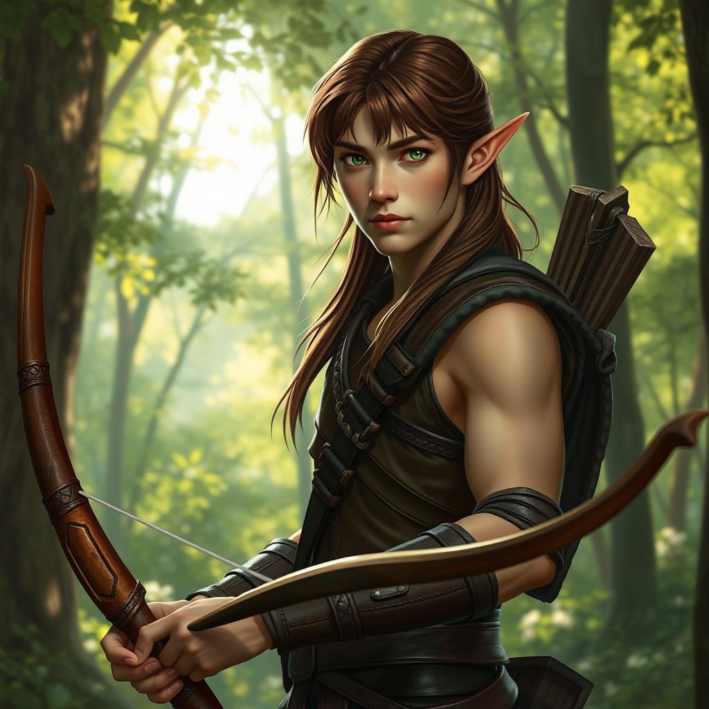 A slender male forest elf with long brown hair, slightly greenish skin, and striking green eyes