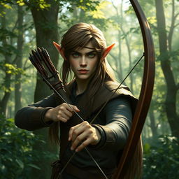 A slender male forest elf with long brown hair, slightly greenish skin, and striking green eyes