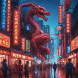 For a Chinese New Year poster, envision a cyberpunk Chinese city in red and blue tones. Central figures include a neon-accented robot Chinese dragon and a robot girl, against a backdrop rich with solar panels.