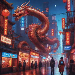 For a Chinese New Year poster, envision a cyberpunk Chinese city in red and blue tones. Central figures include a neon-accented robot Chinese dragon and a robot girl, against a backdrop rich with solar panels.