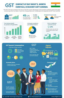 A detailed infographic showcasing the impact of GST (Goods and Services Tax) on the Indian economy