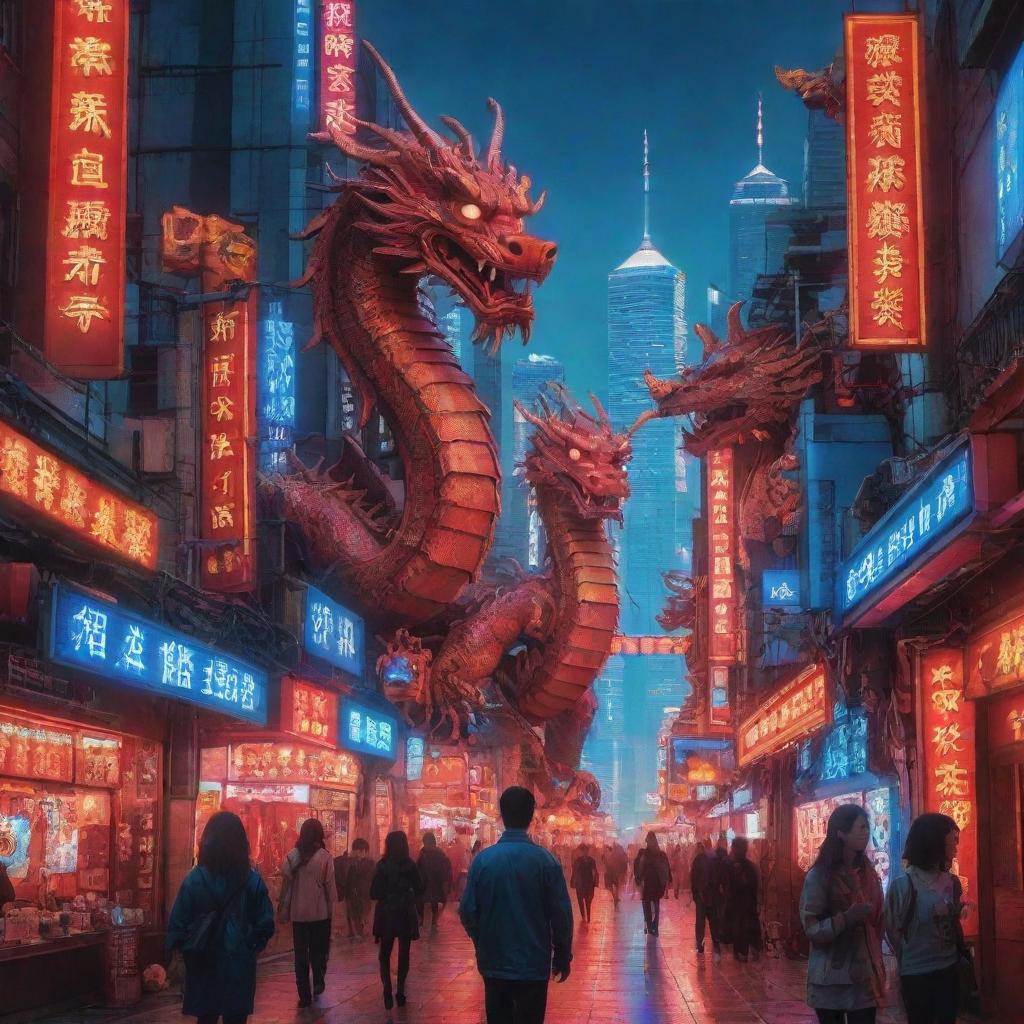 For a Chinese New Year poster, envision a cyberpunk Chinese city in red and blue tones. Central figures include a neon-accented robot Chinese dragon and a robot girl, against a backdrop rich with solar panels.