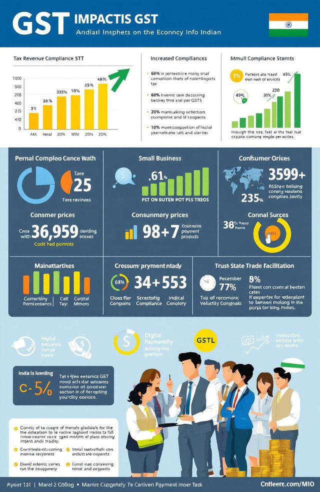 A detailed infographic showcasing the impact of GST (Goods and Services Tax) on the Indian economy