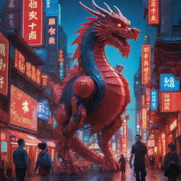 For a Chinese New Year poster, envision a cyberpunk Chinese city in red and blue tones. Central figures include a neon-accented robot Chinese dragon and a robot girl, against a backdrop rich with solar panels.