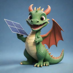 Create an image of a cute, highly detailed dragon, depicted in 3D Disney style, cheerfully clutching solar panels and a battery.