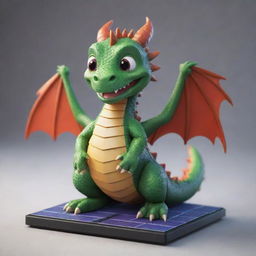 Create an image of a cute, highly detailed dragon, depicted in 3D Disney style, cheerfully clutching solar panels and a battery.