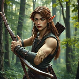A slender male forest elf with long brown hair, slightly greenish skin, and captivating green eyes