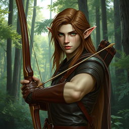 A slender male forest elf with long brown hair, slightly greenish skin, and captivating green eyes