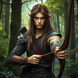 A slender male forest elf with long brown hair, slightly greenish skin, and captivating green eyes