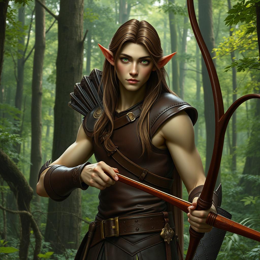 A slender male forest elf with long brown hair, slightly greenish skin, and captivating green eyes