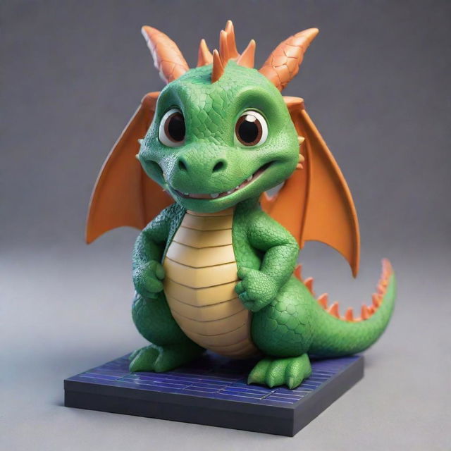 Create an image of a cute, highly detailed dragon, depicted in 3D Disney style, cheerfully clutching solar panels and a battery.