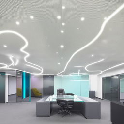 Grey and teal boss's office interior with a white ceiling adorned with lights, a glass office table, and two designer walls.