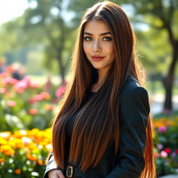 A full-body portrait of a striking individual with long, straight brown hair and bright green eyes that sparkle with life