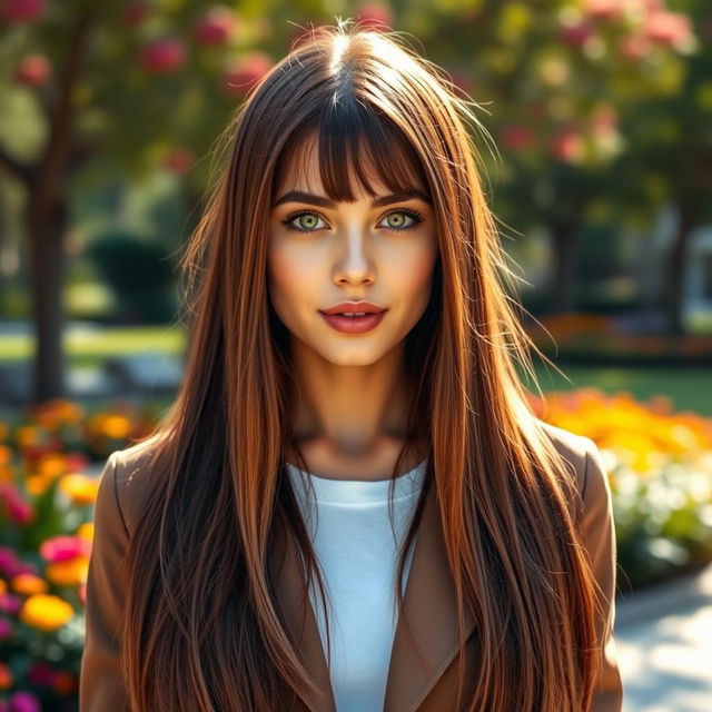 A full-body portrait of a striking individual with long, straight brown hair and bright green eyes that sparkle with life