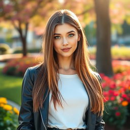 A full-body portrait of a striking individual with long, straight brown hair and bright green eyes that sparkle with life