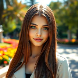 A full-body portrait of a striking individual with long, straight brown hair and bright green eyes that sparkle with life