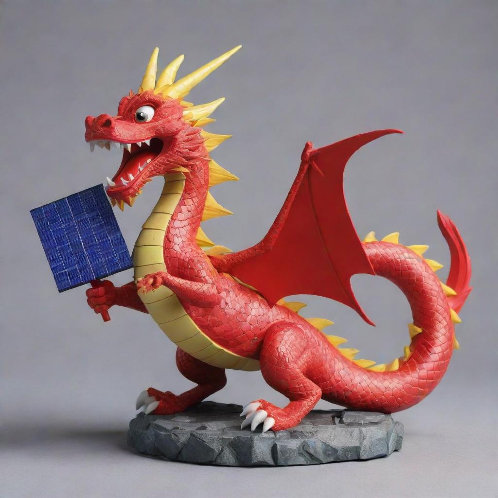 Craft a highly detailed 3D Disney-style image of a playful Chinese dragon, gleefully holding a solar panel and a battery, bringing charm into the concept of renewable energy.