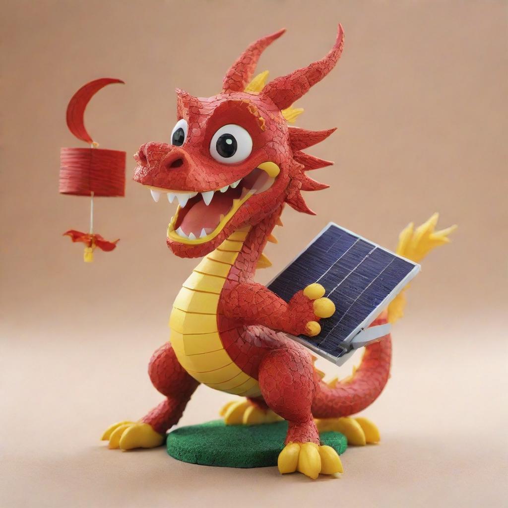 Craft a highly detailed 3D Disney-style image of a playful Chinese dragon, gleefully holding a solar panel and a battery, bringing charm into the concept of renewable energy.