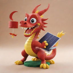 Craft a highly detailed 3D Disney-style image of a playful Chinese dragon, gleefully holding a solar panel and a battery, bringing charm into the concept of renewable energy.