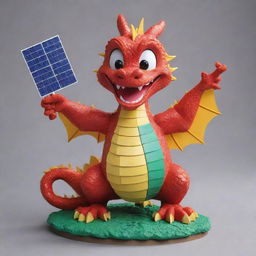 Craft a highly detailed 3D Disney-style image of a playful Chinese dragon, gleefully holding a solar panel and a battery, bringing charm into the concept of renewable energy.