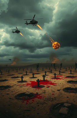 An eerie battlefield scene depicting mass graves scattered across a desolate landscape, splattered with bright red blood